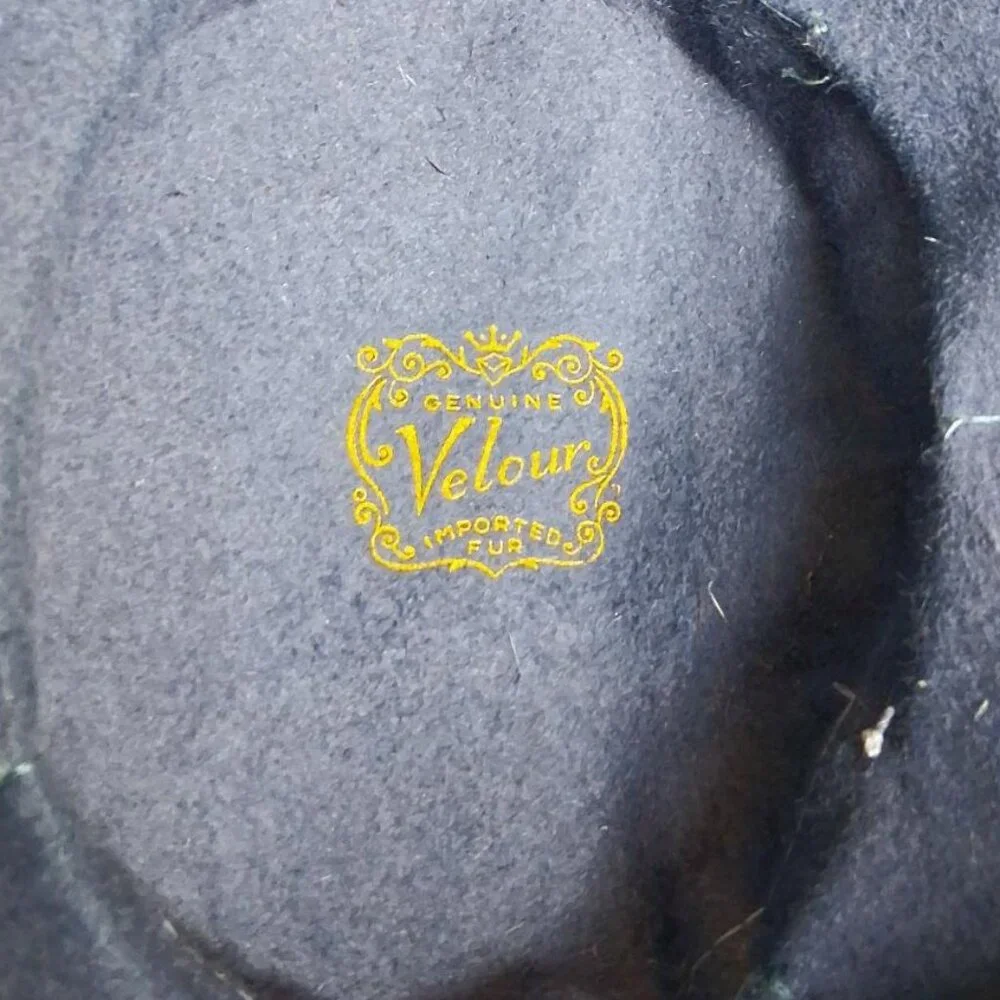 1950s Genuine Velour Imported Fur Blue w/Purple Ribbon Trim Pillbox Hat